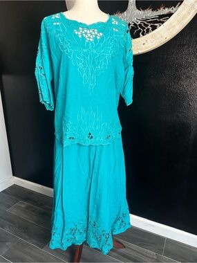 Emerald Teal Cutwork Embroidered Maxi Skirt Set